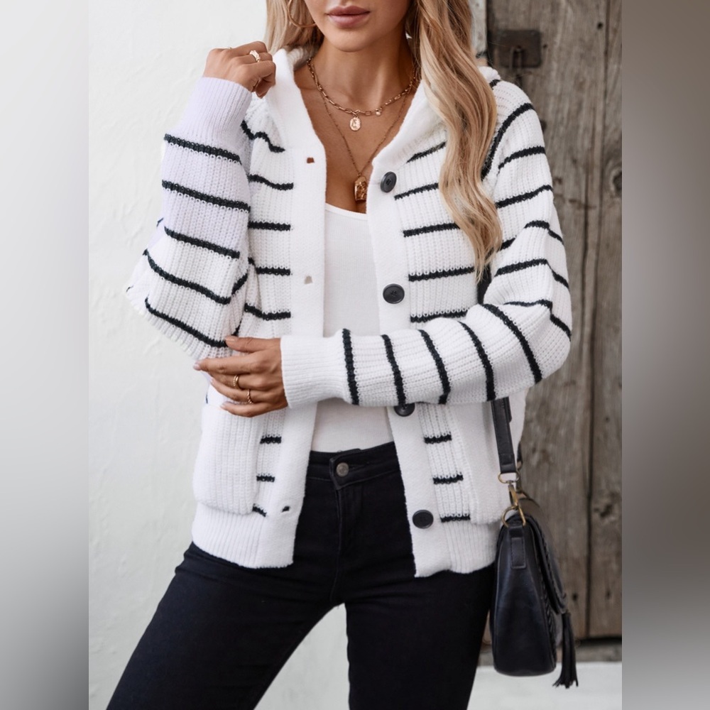 Striped Button Up Long Sleeve Hooded Cardigan - Picture 5 of 7